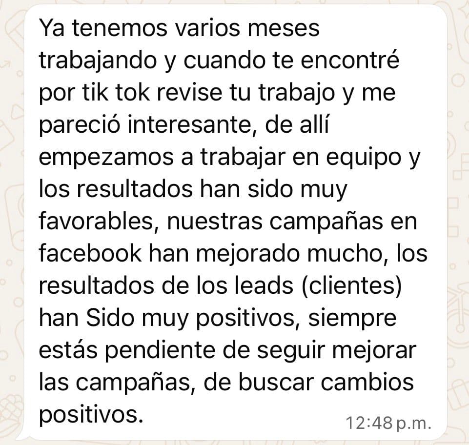 Testimonio de cliente - Resultados favorables en campanas de Facebook y leads positivos
